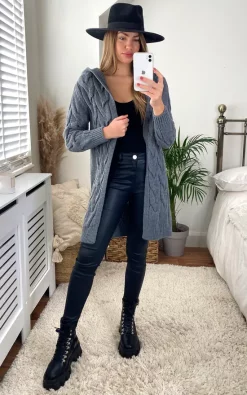 Best deal ???? Aftershock London Hooded Cable Knitted Longline Cardigan In Charcoal ⌛