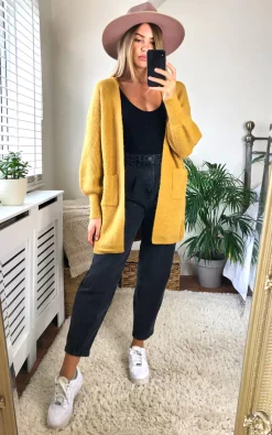 Wholesale ???? Yumi Mustard Knitted Long Cardigan With Pocket ????