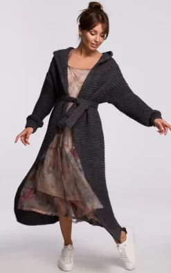 Discount ⭐ MOE Long Hooded Cardigan Tied At Waist In Graphite ????