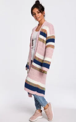 Flash Sale ???? MOE Long Open Front Cardigan In Pink Multi Stripe ????