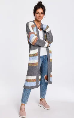 New ???? MOE Long Open Front Cardigan In Grey Multi Stripe ????