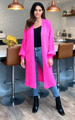 Wholesale ???? Blue Vanilla Mia Longline Double Pocket Knitted Cardigan In Neon Pink ❤️
