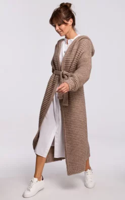 Budget ???? MOE Long Hooded Cardigan Tied At Waist In Light Brown ❤️