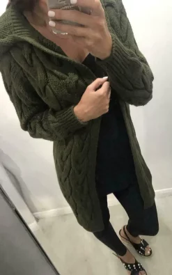 Discount ???? GIGILAND UK Hooded Long Line Khaki Cable Knit Cardigan ????