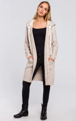 Cheap ???? MOE Beige Hooded Longline Cardigan With Drawstrings ????