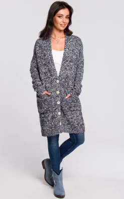 Cheap ???? MOE Long Button Up Cardigan In Navy Melange Knit ????