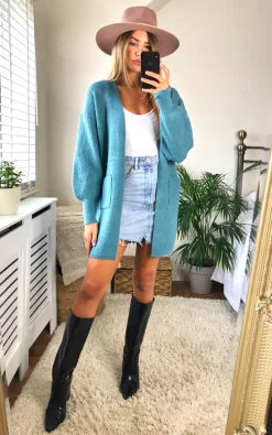 Best Pirce ✔️ Yumi Blue Knitted Long Cardigan With Pocket ????