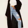 Best Pirce ???? De La Creme Fashions Black Balloon Sleeve Knitted Open Front Long Cardigan ????