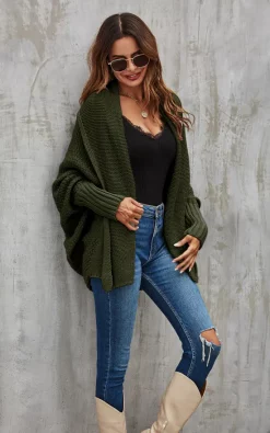 Budget ???? FS Collection Chunky Pleat Oversized Cardigan In Dark Olive ????