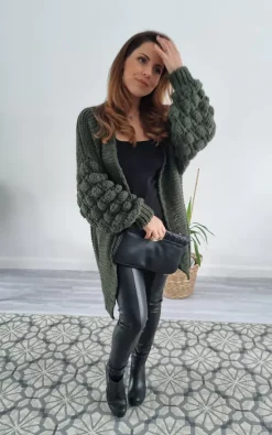 Flash Sale ???? Love Dieppe Knit Cardigan With Chunky Square Bobble Sleeve Detail In Khaki ????