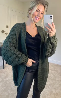 Flash Sale ???? Love Dieppe Knit Cardigan With Chunky Square Bobble Sleeve Detail In Khaki ???? -Aftershock London Shop unnamed file 1382