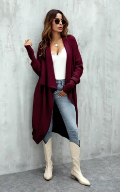 Coupon ???? FS Collection Wine Red Chunky Pleat Oversized Cardigan ????