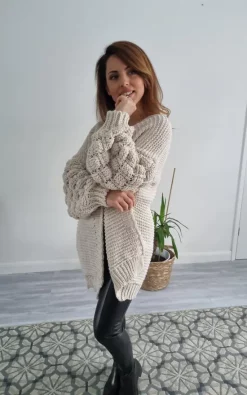 Hot Sale ???? Love Dieppe Knit Cardigan With Chunky Square Bobble Sleeve Detail In Cream ????