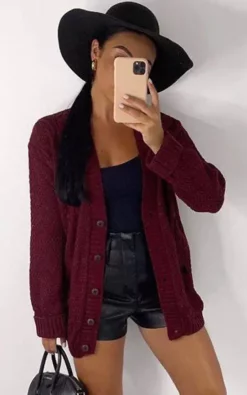 Cheap ???? GIGILAND UK Grandad Chunky Knit Warm And Cosy Button Up Cardigan Wine Red ????