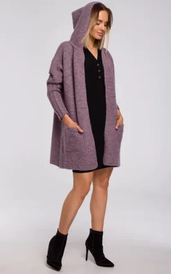 Top 10 ???? MOE Comfortable Chunky Knit Hooded Cardigan In Violet ✨