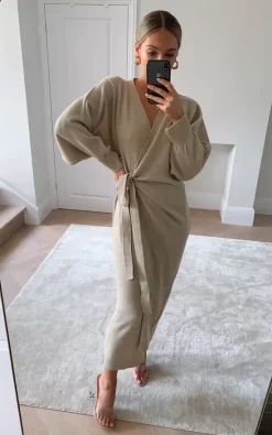 Coupon ???? Pretty Lavish Beau Wrap Midi ???? Dress Light Beige ????