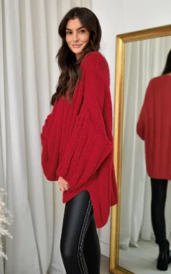 Budget ⌛ IKRUSH Laura Oversized Cable Knitted Cardigan In Red ⌛