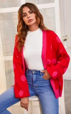 Best reviews of ???? FS Collection Chic Pink Polka Dot Pattern Cardigan Top In Red ????