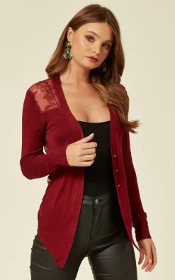 Wholesale ???? CY Boutique Long Sleeve Cardigan With Floral Sheer Back In Burgundy Red ????