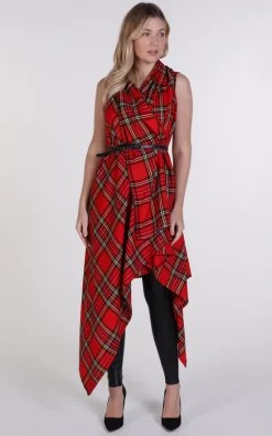 Best Pirce ???? Blonde And Wise Bright Red Tartan Drape Waterfall Waistcoat ❤️