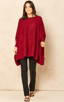 Promo ⭐ Aftershock London Knitted Poncho Jumper With Star Design In Wine ????