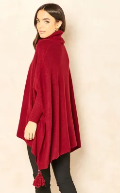 Deals ???? Aftershock London Roll Neck Knitted Poncho Jumper In Wine ❤️