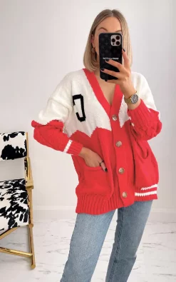Budget ⌛ IKRUSH Jordyn Button Down Cardigan With Letter Detail In Red ????