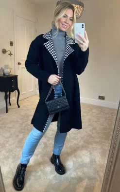 Best Pirce ❤️ KURT MULLER Black ???? Dogtooth Collar Trim Luxe ???? Coatigan ????