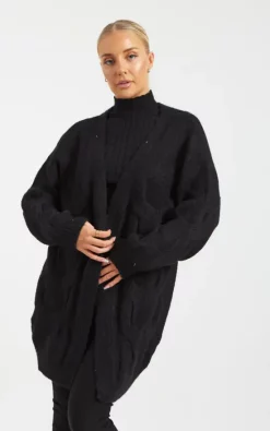 Promo ???? Pretty Moi Black Oversized Cable Knit Drop Shoulder Cardigan One Size Fit (10 16) ⭐