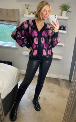 Promo ???? Yumi Floral Intarsia Brushed Cardigan In Pink ????