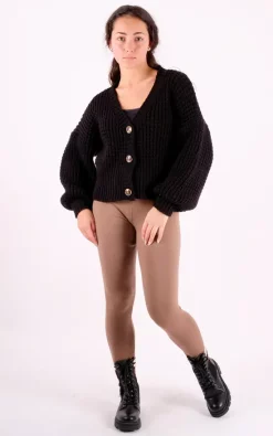 New ???? Pinstripe Chunky Knit Balloon Sleeve Crop Cardigan In Black ✔️