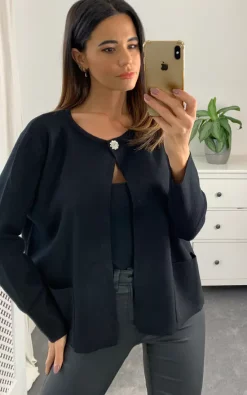 Best Pirce ???? Malissa J Collection Rib Knit Cardigan With Jewel Button In Black ❤️