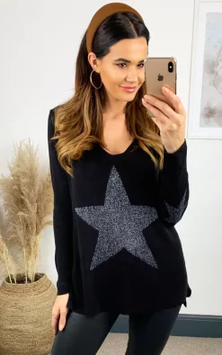Best Pirce ???? HOXTON GAL Oversized Long Sleeves Relaxed Blue Star Jumper In Black ⌛ -Aftershock London Shop unnamed file 306