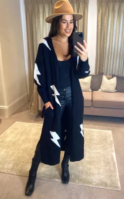Deals ⌛ SlayTwins Maeve Lightening Bolt Long Cardigan Black ✔️