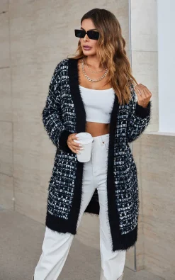 Coupon ???? FS Collection Black Boucle Check Cardigan In White Multicolour Speckles ????