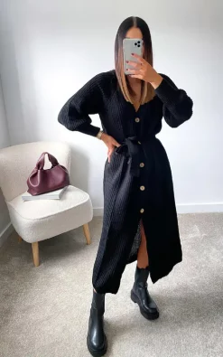 New ???? IKRUSH Lauren Puff Sleeve Longline Knitted Cardigan In Black ????