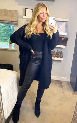 New ???? CY Boutique Oversized Boxy Rib Knit Long Cardigan With Front Pocket In Black ????