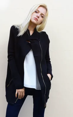 New ???? CY Boutique Long Sleeve Knitted Jacket With Faux Leather Details In Black ????