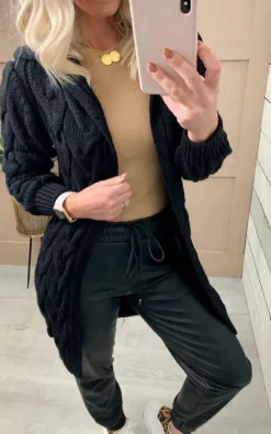 Outlet ✨ GIGILAND UK Hooded Long Line Black Cable Knit Cardigan ????