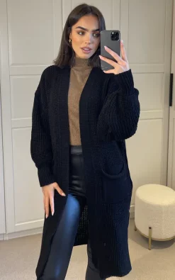 Discount ???? SIGNAGE Oversized Black Knit Longline Cardigan With Pockets And Balloon Sleeves ????