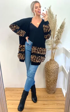 Hot Sale ⭐ CY Boutique Faux Leopard Print Fur Cardigan With Embellishment ????