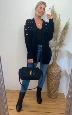 New ???? CY Boutique Cardigan With Pearl Embellishment On Shoulder In Black ????
