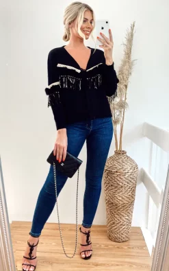 Buy ???? CY Boutique Black Cropped Cardigan With Tassel Fringe & Faux Fur ????