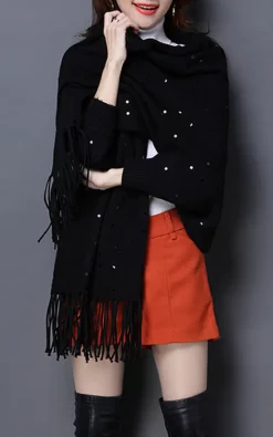 Buy ⌛ FS Collection Black Wool Blend Sequin Tassel Detail Wrap Shawls ????