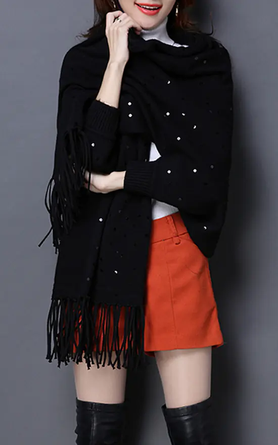 Buy ⌛ FS Collection Black Wool Blend Sequin Tassel Detail Wrap Shawls ???? 1 Buy ⌛ FS Collection Black Wool Blend Sequin Tassel Detail Wrap Shawls ????