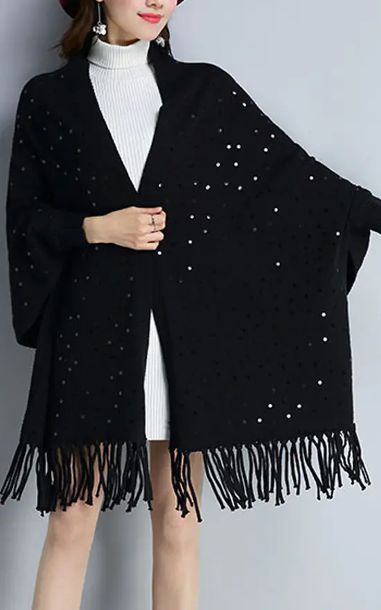 Buy ⌛ FS Collection Black Wool Blend Sequin Tassel Detail Wrap Shawls ???? 2 Buy ⌛ FS Collection Black Wool Blend Sequin Tassel Detail Wrap Shawls ???? - Image 2