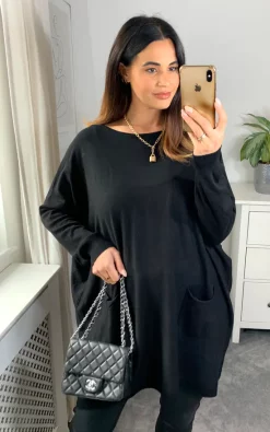 Flash Sale ???? HOXTON GAL Oversized Long Sleeves Crew Neck Jumper With Button Detailed Back In Black ????