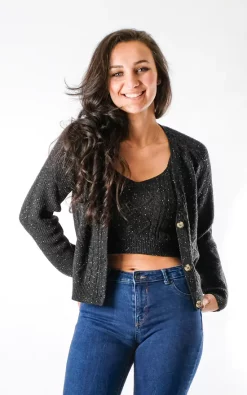 Flash Sale ✔️ Pinstripe Andresa Cable Knitted Bra Let Cardigan Set In Black ????