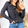 Budget ???? Off The Railz Black Shimmer Short Knitted Cardigan With Ruffle Trim ✨