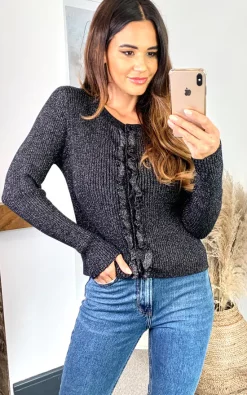 Budget ???? Off The Railz Black Shimmer Short Knitted Cardigan With Ruffle Trim ✨